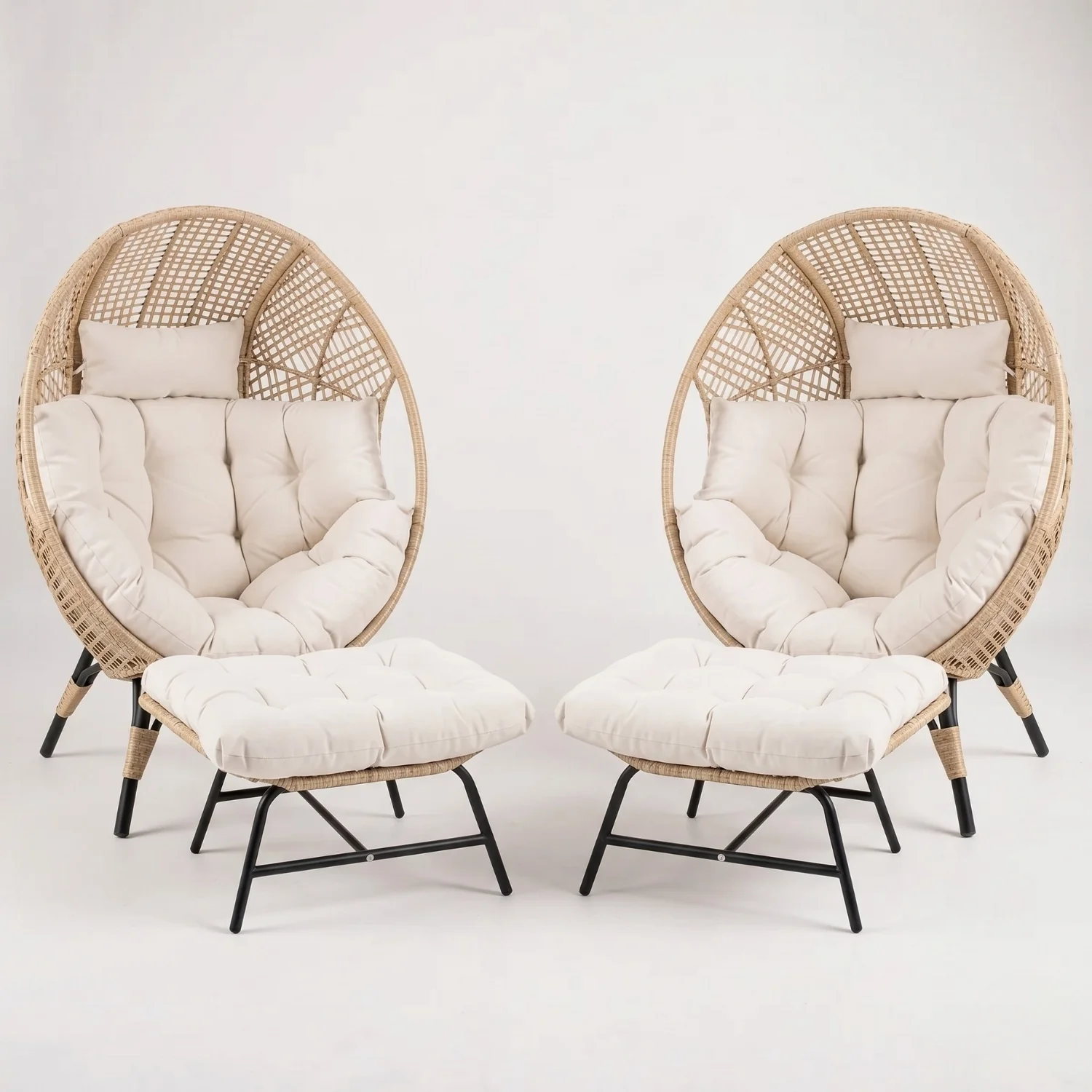 4-Piece Outdoor Wicker Egg Chair Set with Ottomans (Beige & Off-White) - Image 7