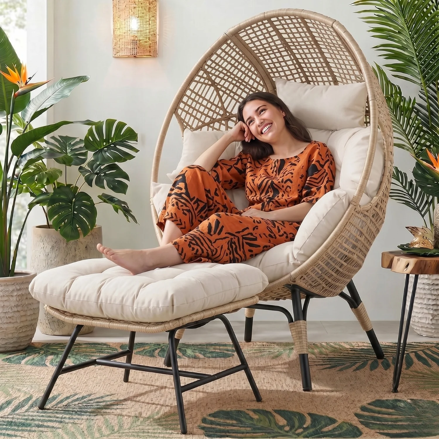 4-Piece Outdoor Wicker Egg Chair Set with Ottomans (Beige & Off-White) - Image 8
