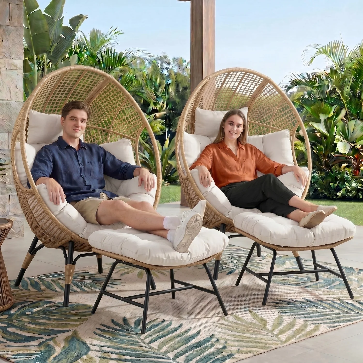 4-Piece Outdoor Wicker Egg Chair Set with Ottomans (Beige & Off-White) - Image 9