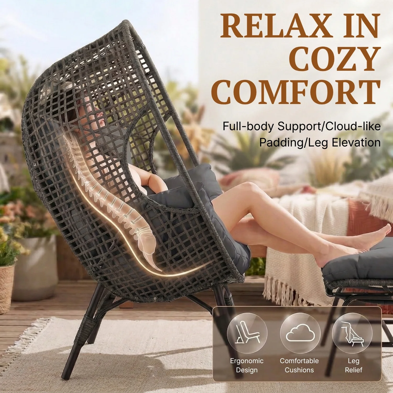 4-Piece Outdoor Wicker Egg Chair Set with Ottomans (Black & Dark Grey) - Image 4