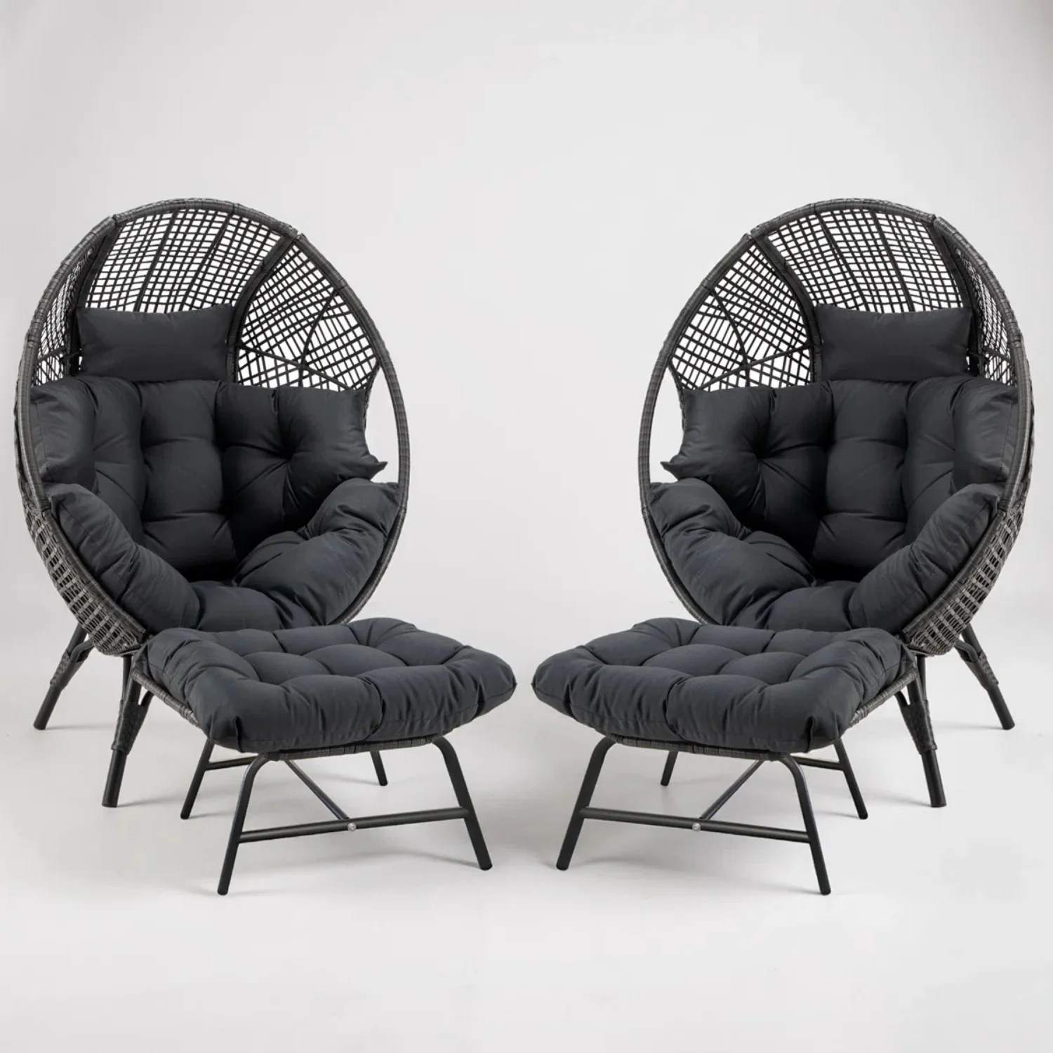 4-Piece Outdoor Wicker Egg Chair Set with Ottomans (Black & Dark Grey) - Image 7