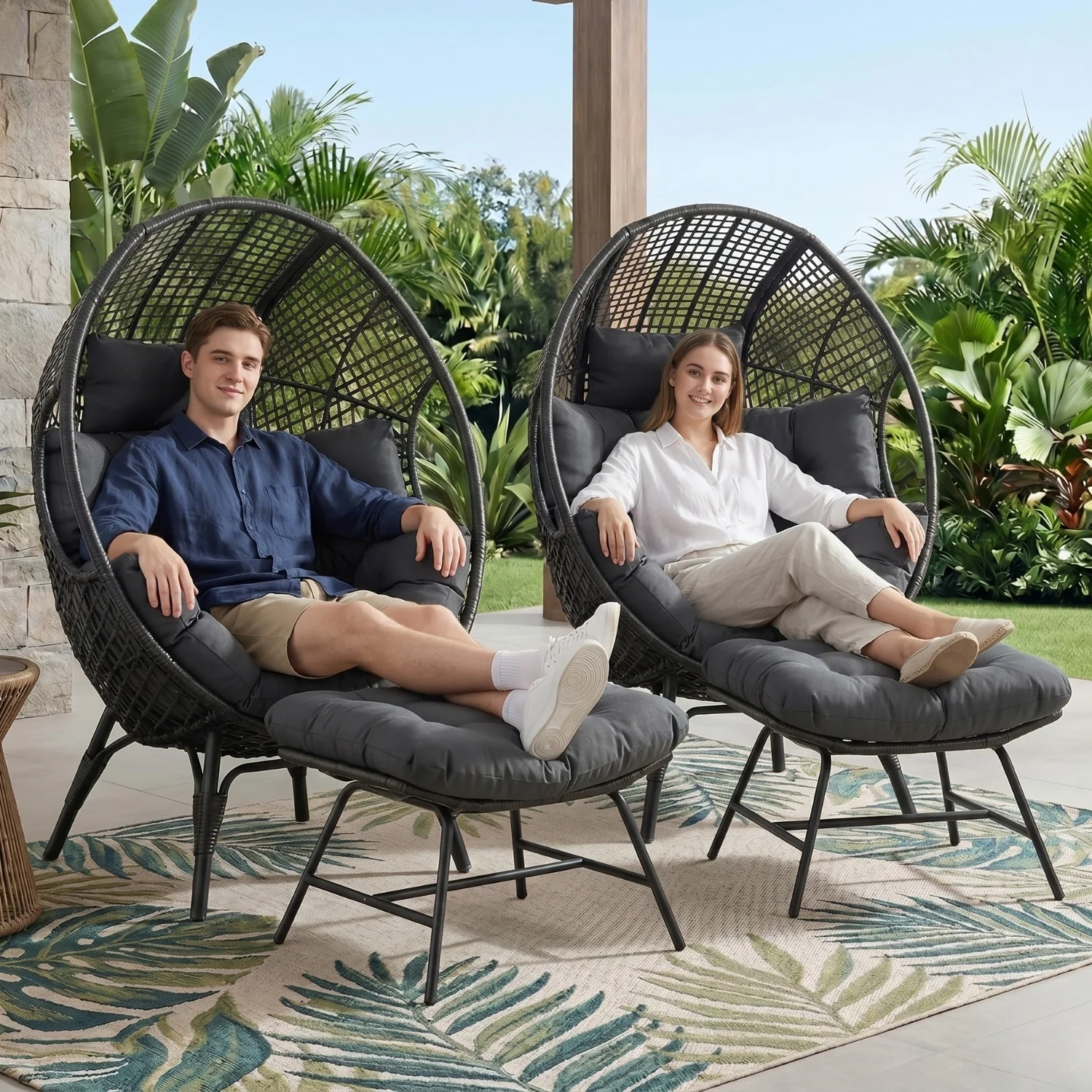 4-Piece Outdoor Wicker Egg Chair Set with Ottomans (Black & Dark Grey) - Image 9