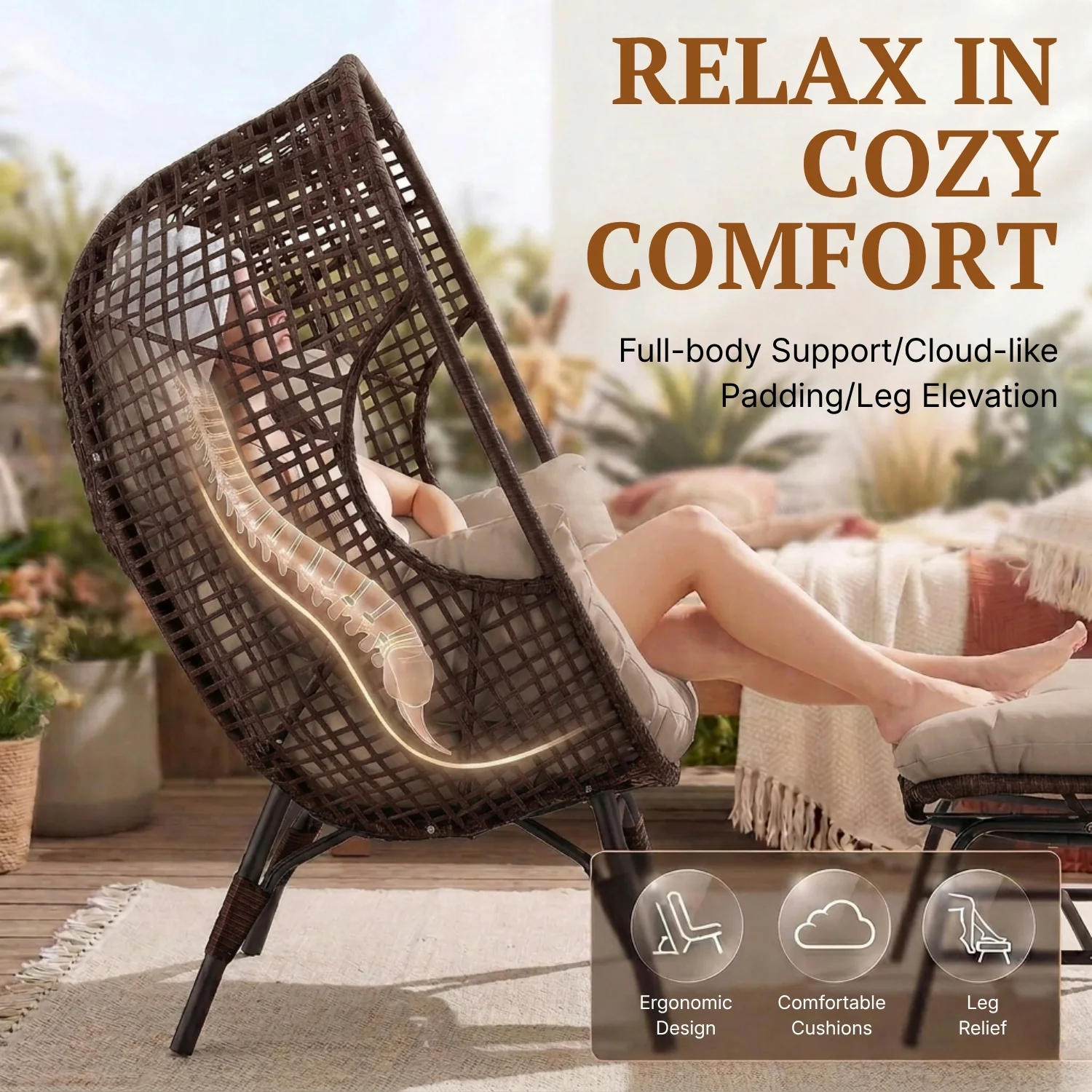4-Piece Outdoor Wicker Egg Chair Set with Ottomans (Dark Brown & Cream) - Image 4
