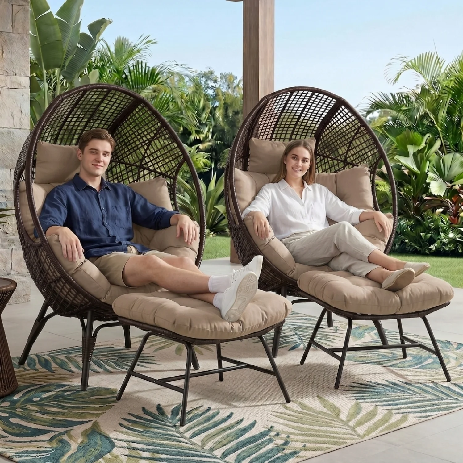 4-Piece Outdoor Wicker Egg Chair Set with Ottomans (Dark Brown & Cream) - Image 9