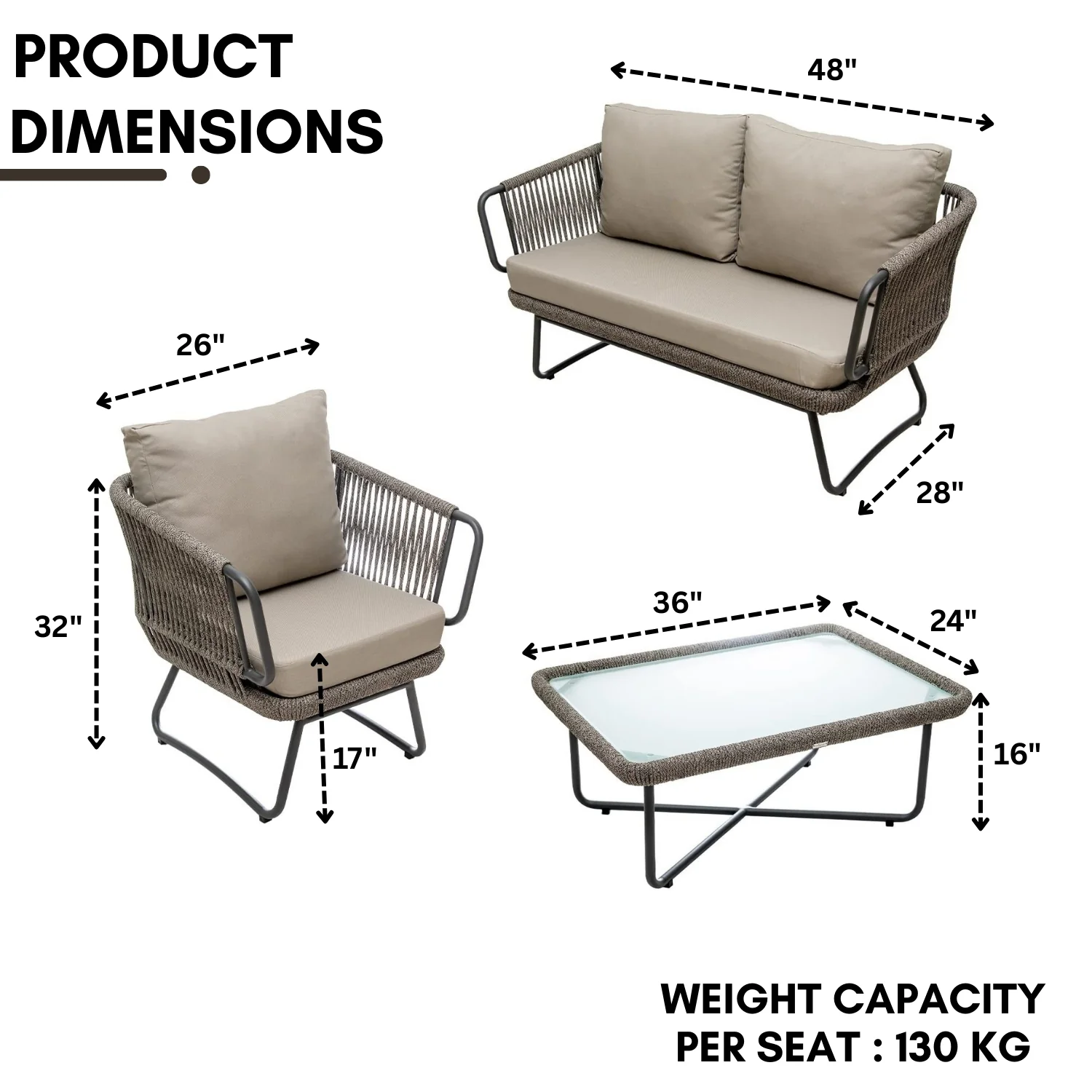 4-Piece Rope Sofa Set With Glass Top Table - Image 2