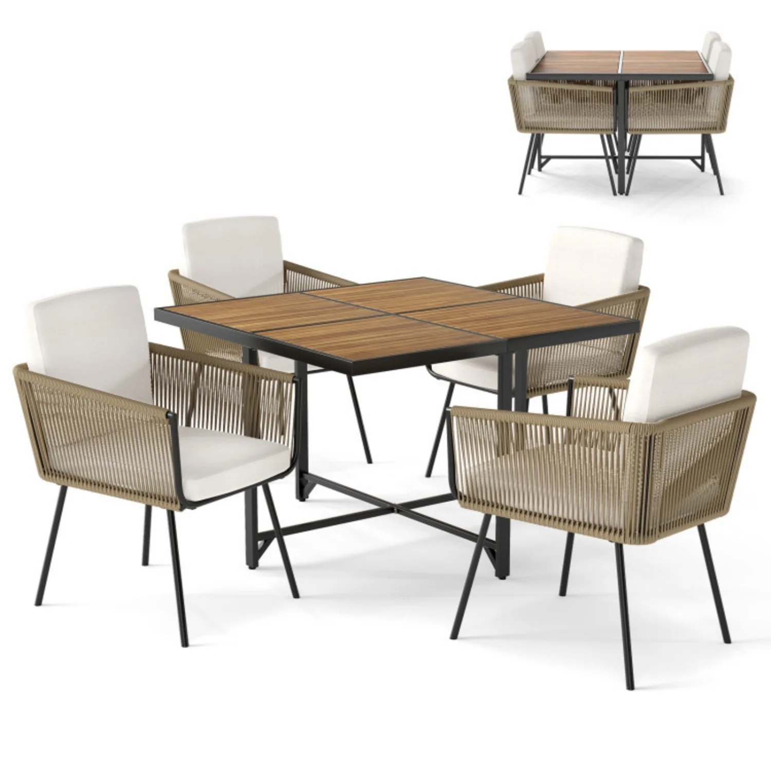 5-Piece Outdoor Patio Dining Set with Square Wood Tabletop - Image 3