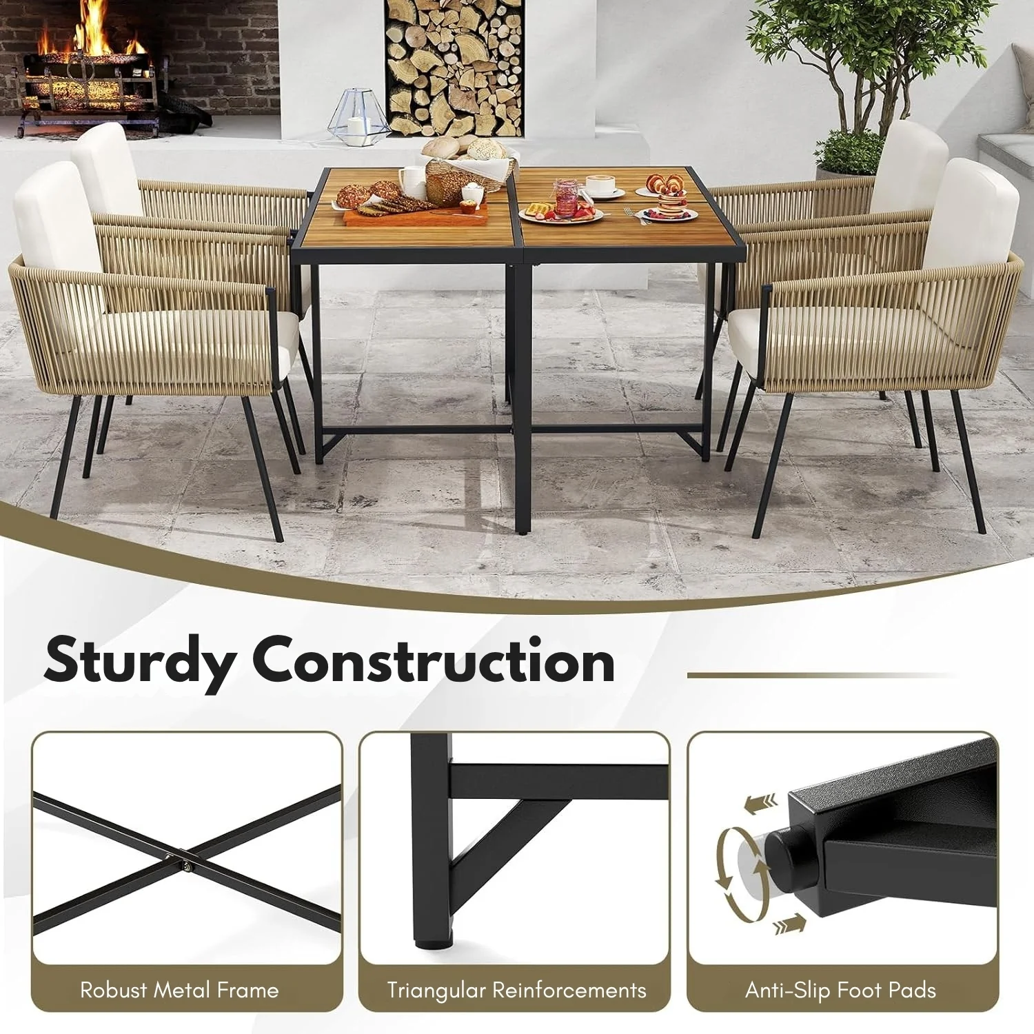 5-Piece Outdoor Patio Dining Set with Square Wood Tabletop - Image 5