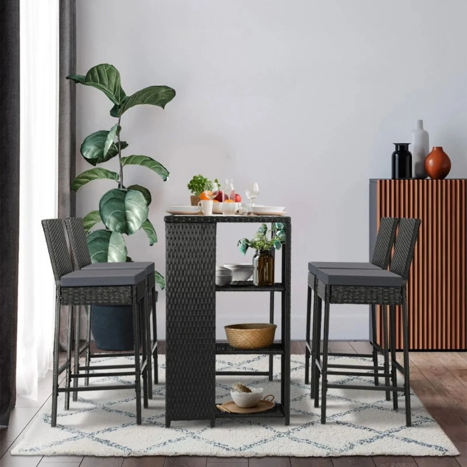 5-Piece Outdoor Rattan Wicker Bar Set with Glass Top Table - Image 11