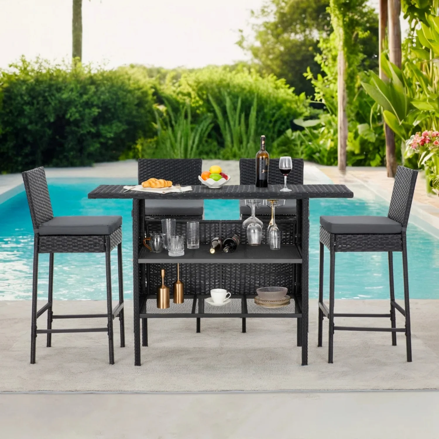 5-Piece Outdoor Rattan Wicker Bar Set with Wicker Top Table - Image 11