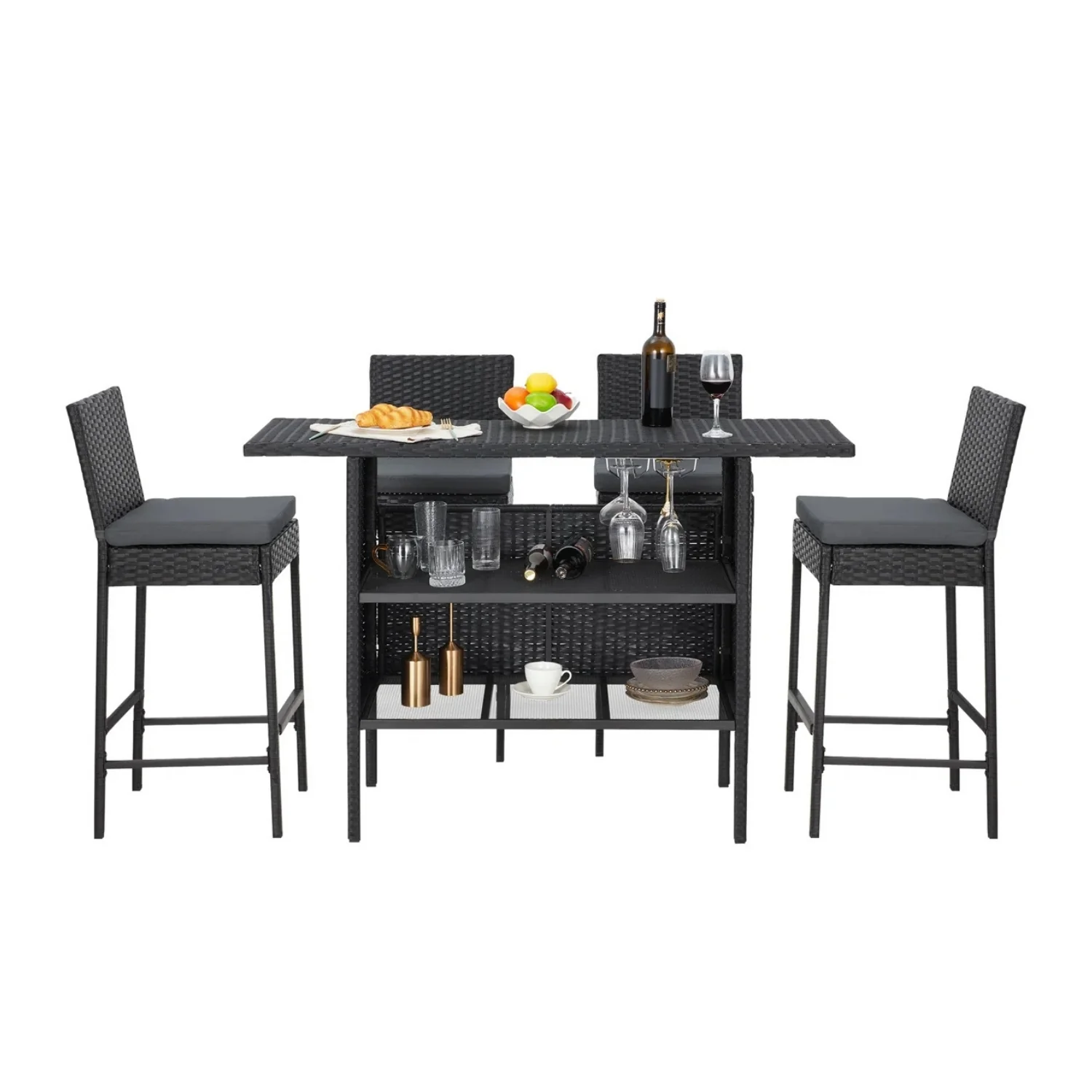 5-Piece Outdoor Rattan Wicker Bar Set with Wicker Top Table - Image 3