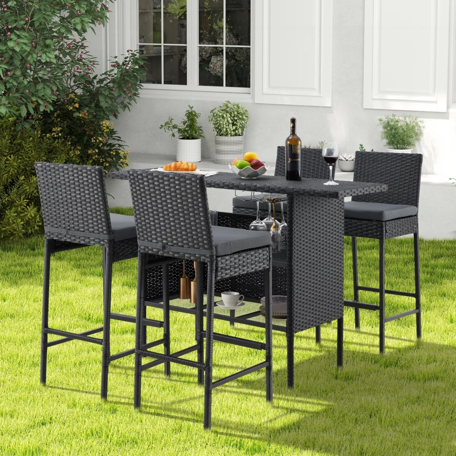 5-Piece Outdoor Rattan Wicker Bar Set with Wicker Top Table - Image 4
