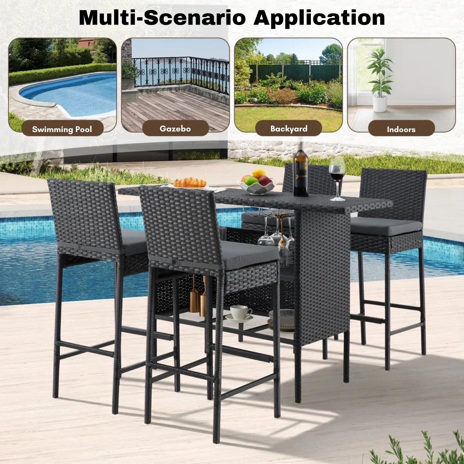 5-Piece Outdoor Rattan Wicker Bar Set with Wicker Top Table - Image 8