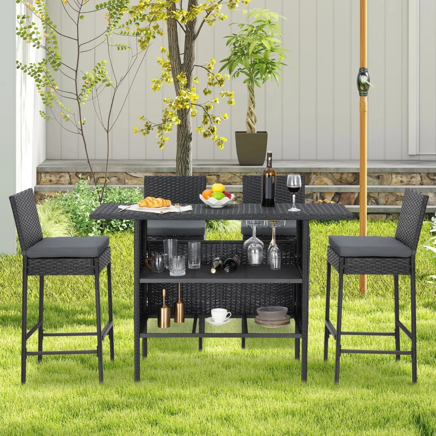 5-Piece Outdoor Rattan Wicker Bar Set with Wicker Top Table - Image 9