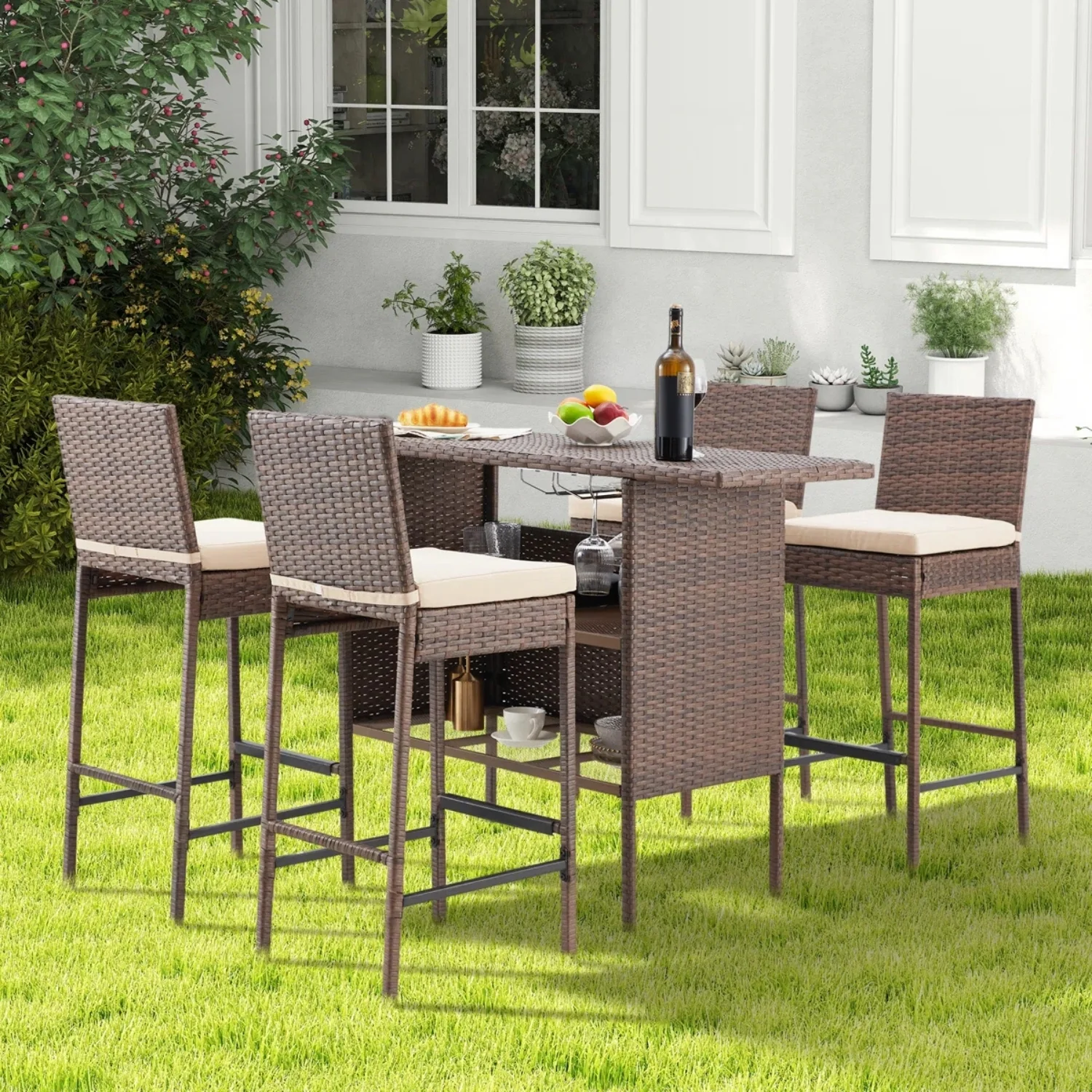 5-Piece Outdoor Rattan Wicker Bar Set with Wicker Top Table - Image 11