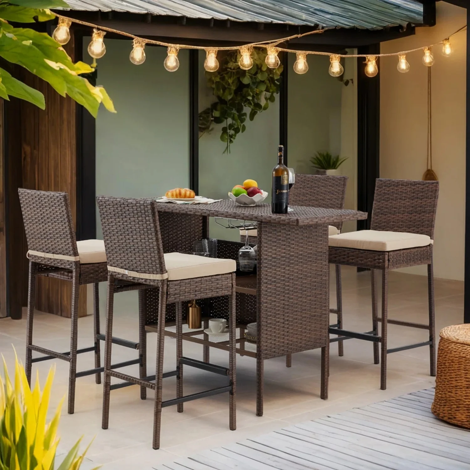 5-Piece Outdoor Rattan Wicker Bar Set with Wicker Top Table - Image 3