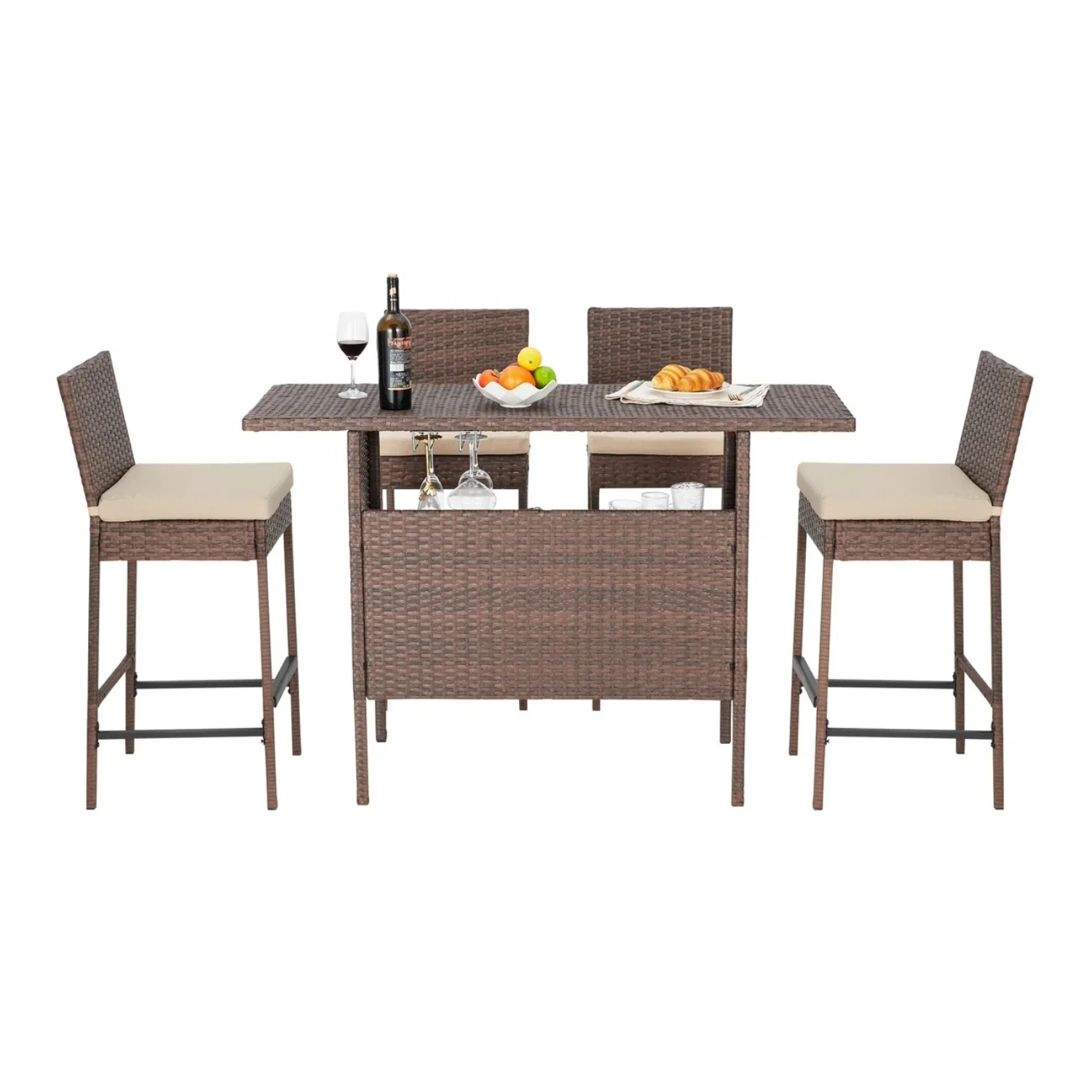 5-Piece Outdoor Rattan Wicker Bar Set with Wicker Top Table - Image 4