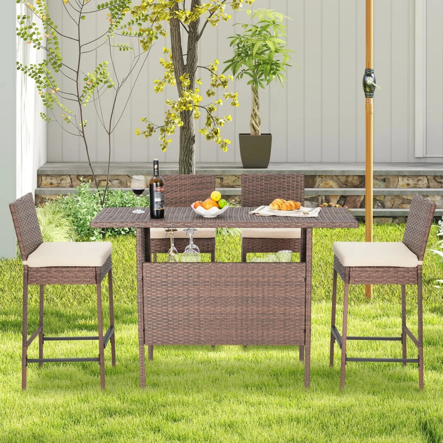 5-Piece Outdoor Rattan Wicker Bar Set with Wicker Top Table - Image 9