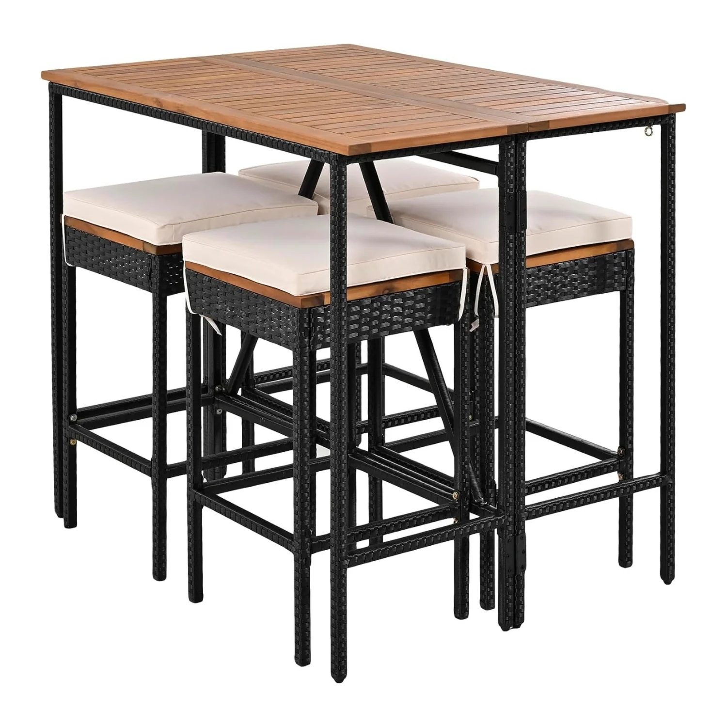 5-Piece Outdoor Rattan Wicker Bar Set with Wooden Top Table - Image 11