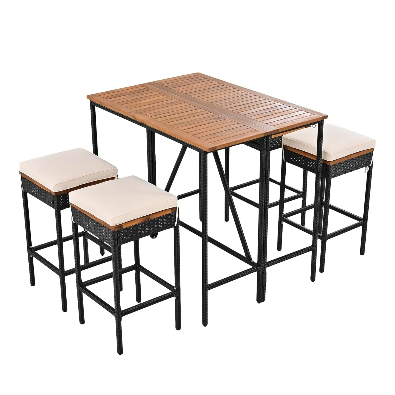 5-Piece Outdoor Rattan Wicker Bar Set with Wooden Top Table - Image 4