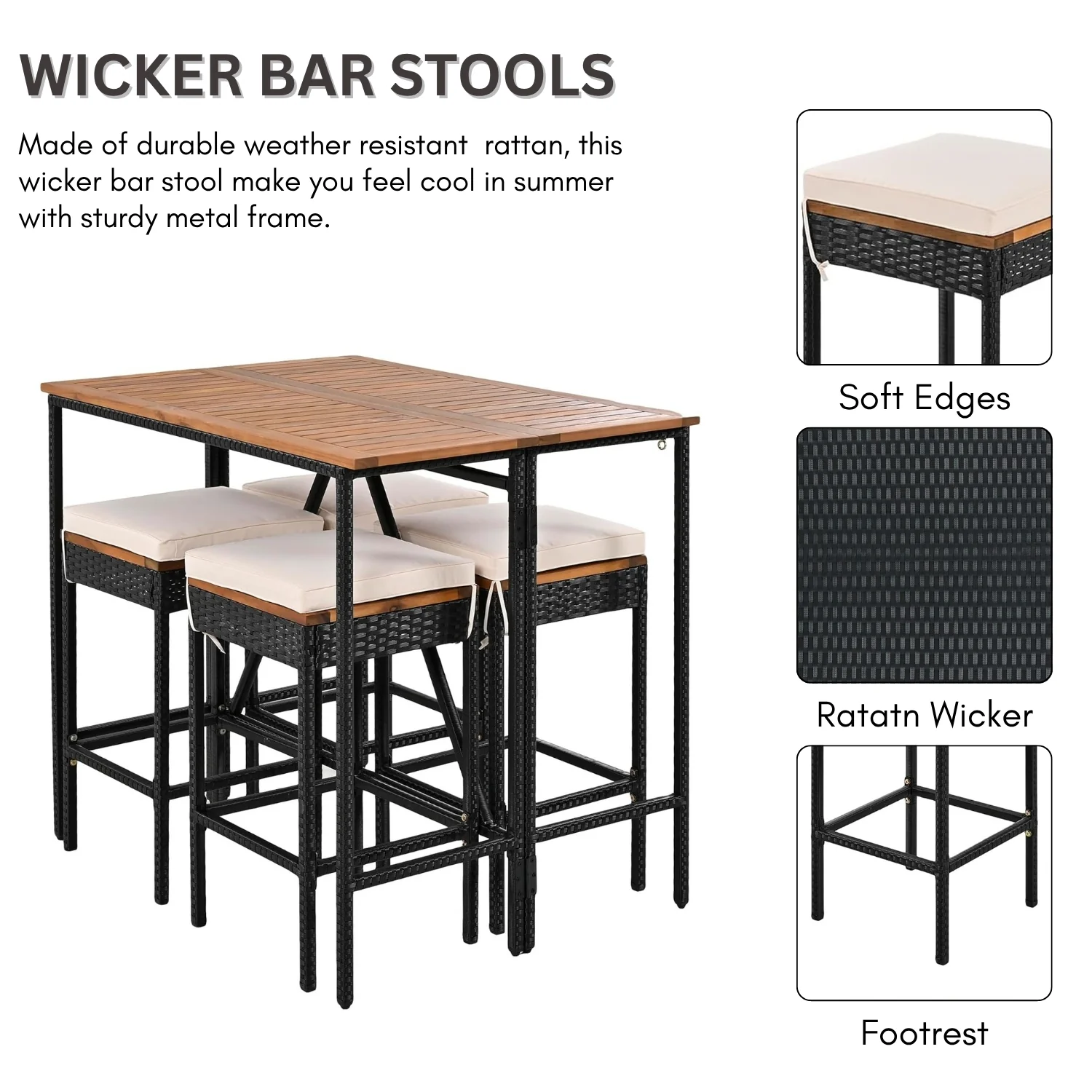 5-Piece Outdoor Rattan Wicker Bar Set with Wooden Top Table - Image 5