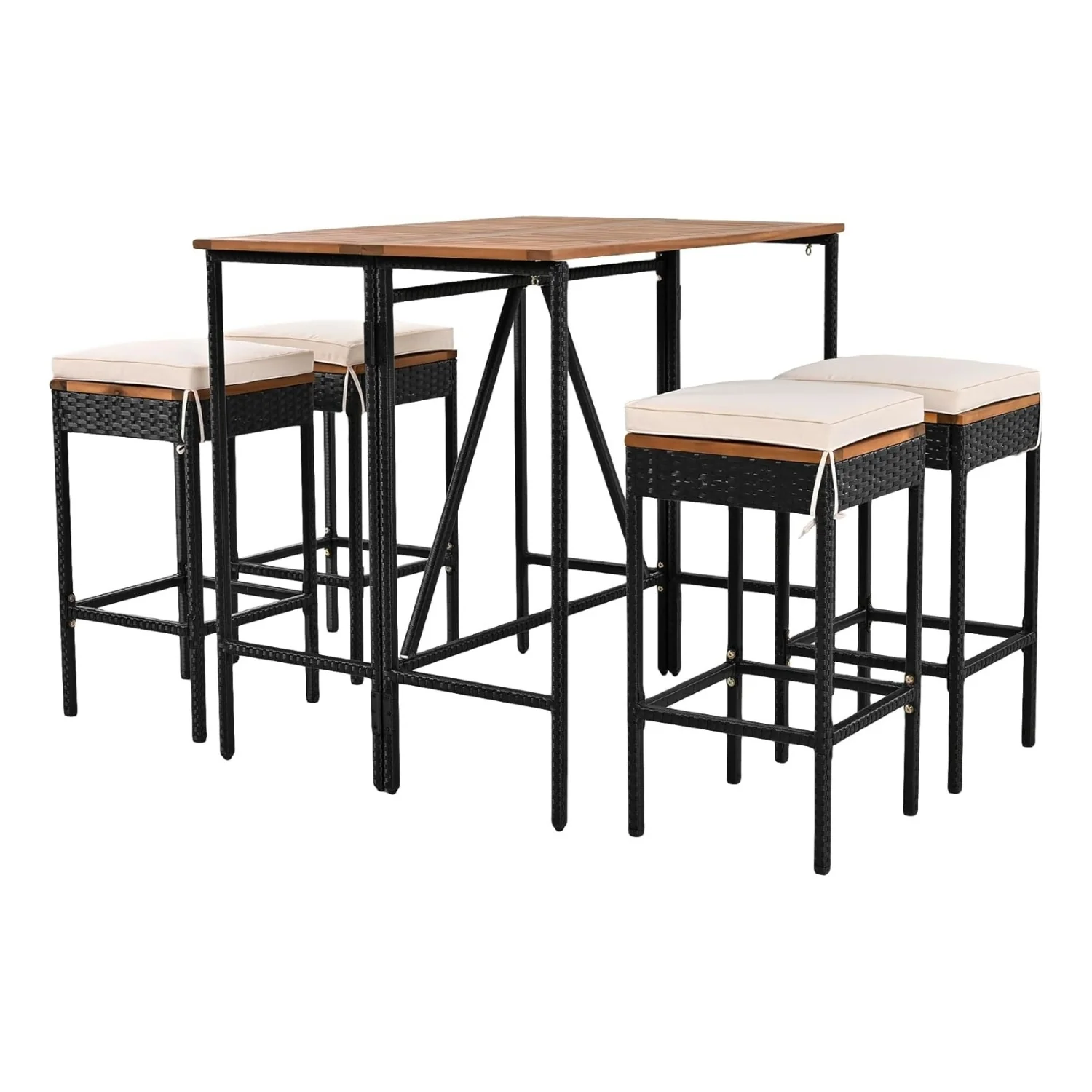 5-Piece Outdoor Rattan Wicker Bar Set with Wooden Top Table - Image 8