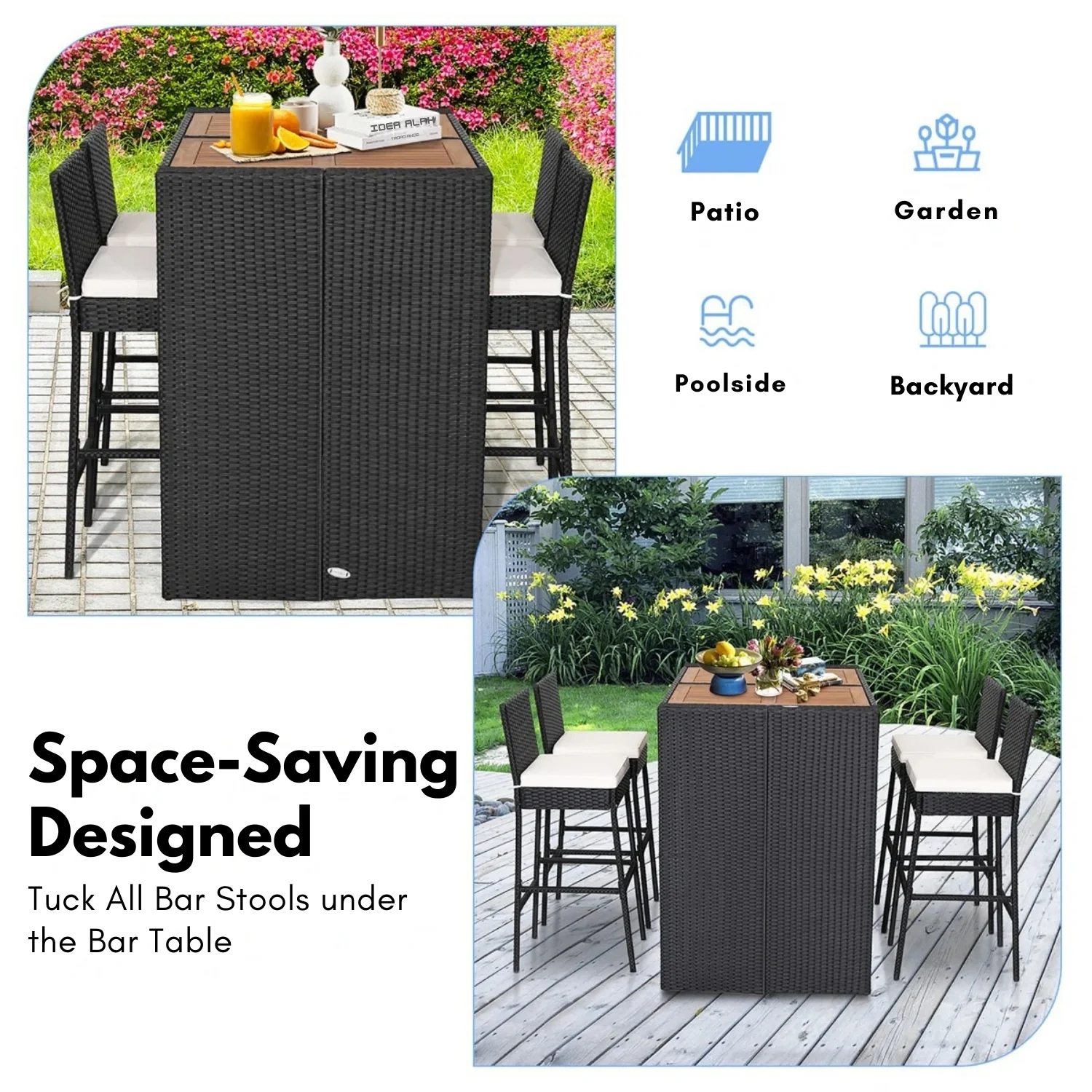 5-Piece Outdoor Rattan Wicker Bar Set with Wooden Top Table - Image 9