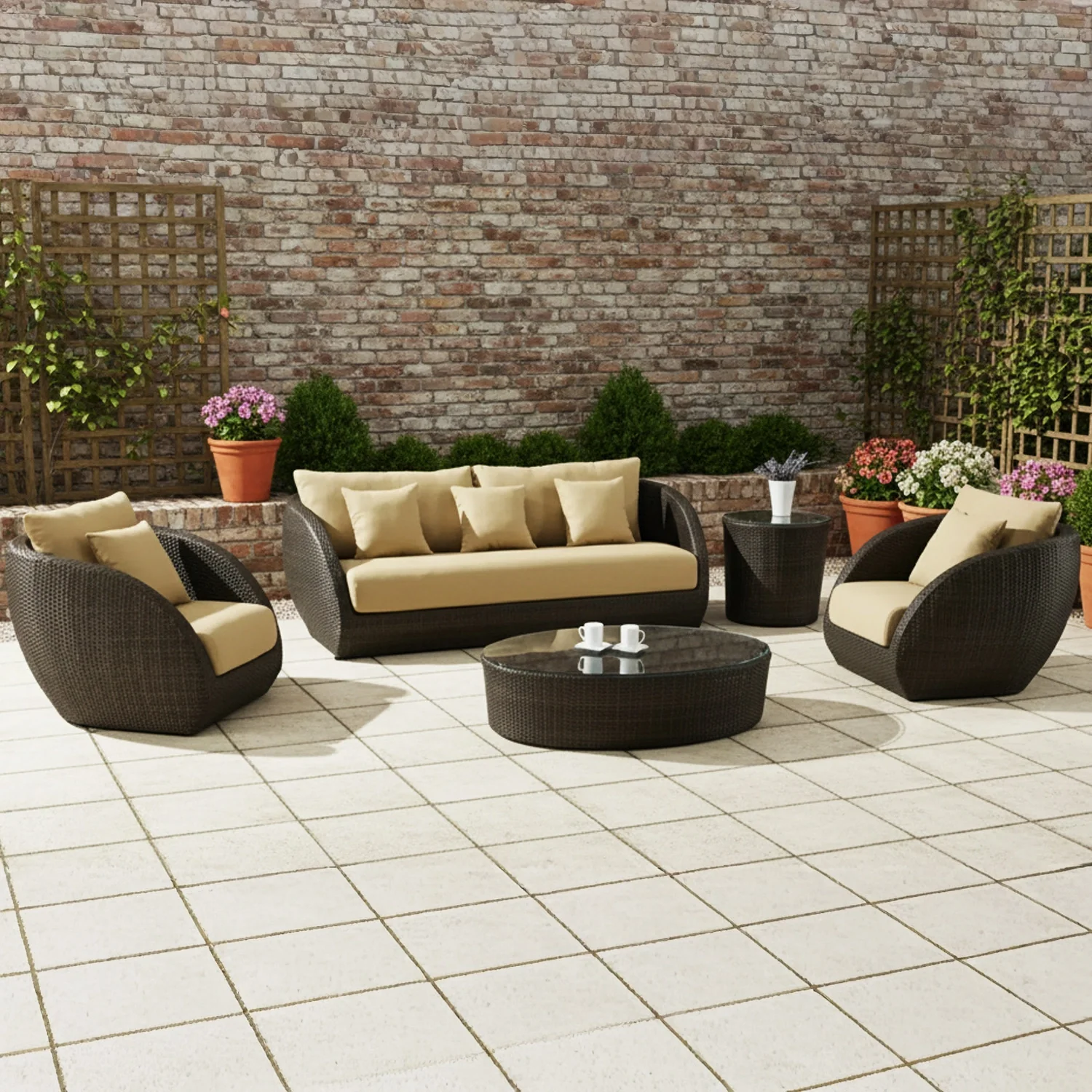 5-Piece Outdoor Wicker Sofa Set With Glass Top Tables