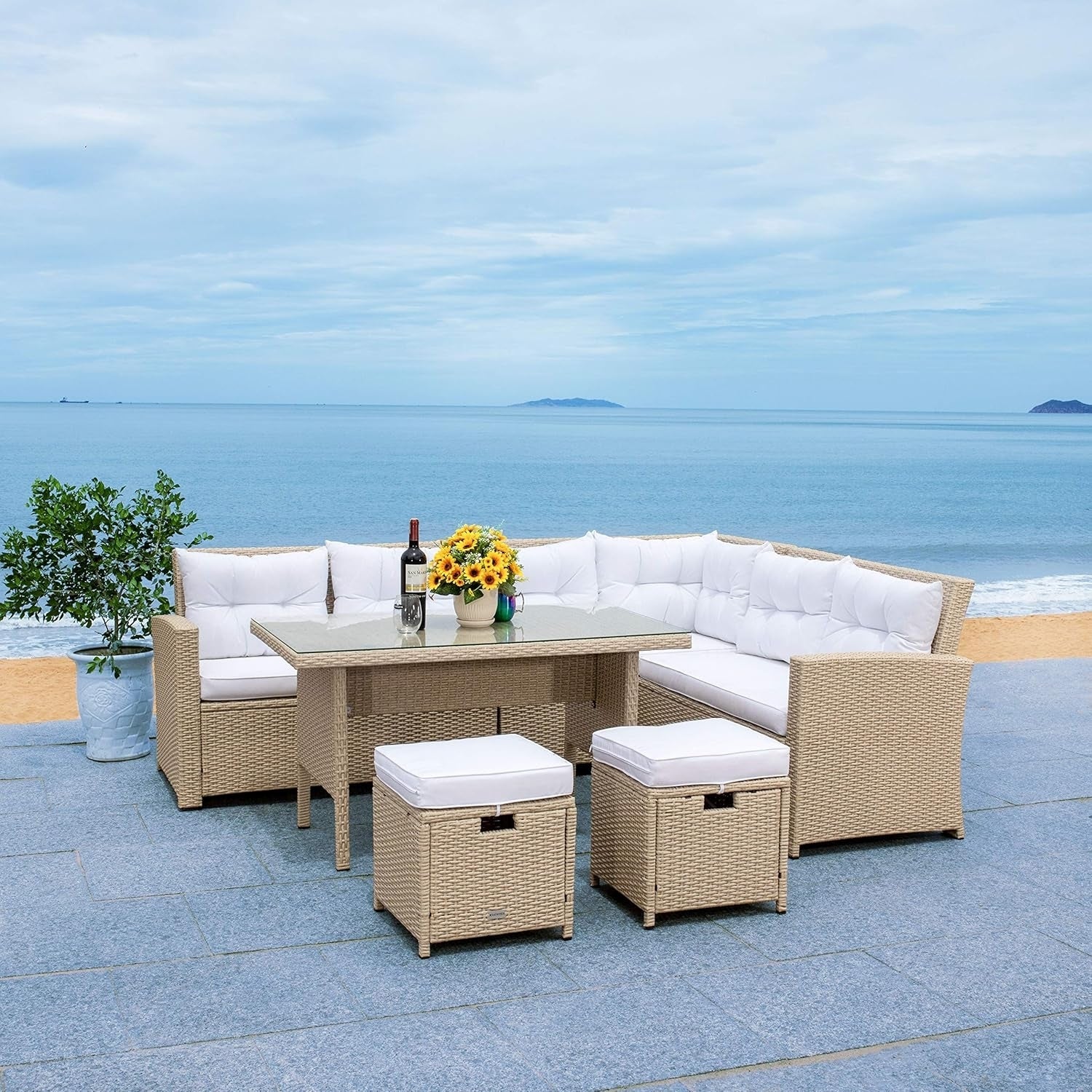 5-Piece Wicker Patio Conversation Set (Beige/White) - Image 13