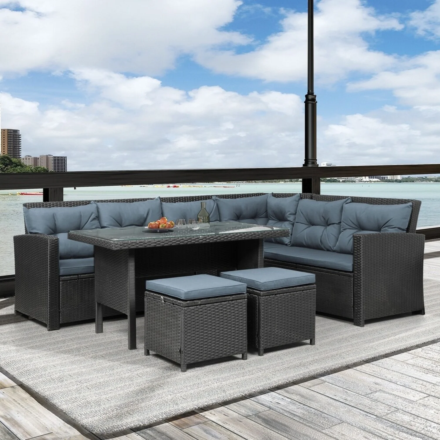 5-Piece Wicker Patio Conversation Set (Dark Brown/ Cyan Blue)