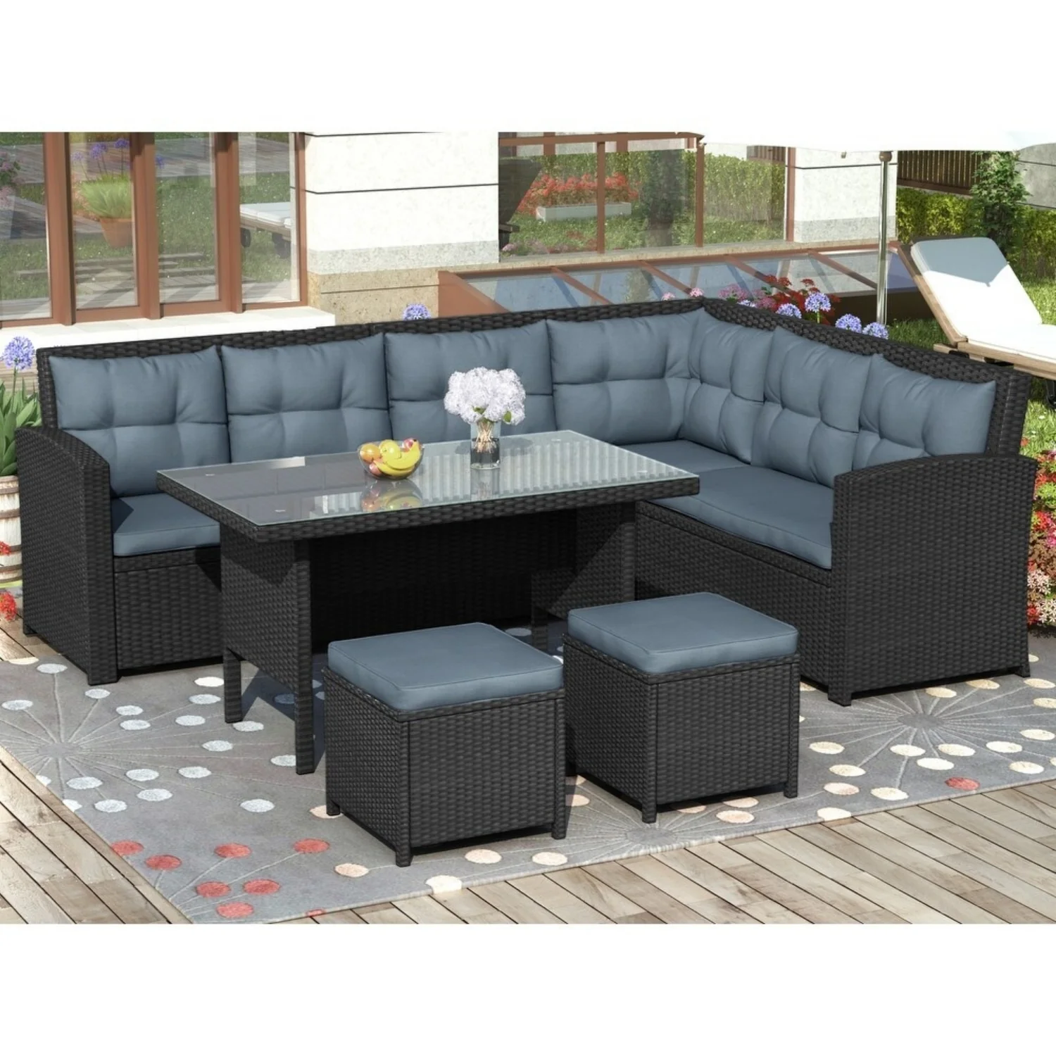 5-Piece Wicker Patio Conversation Set (Dark Brown/ Cyan Blue) - Image 11