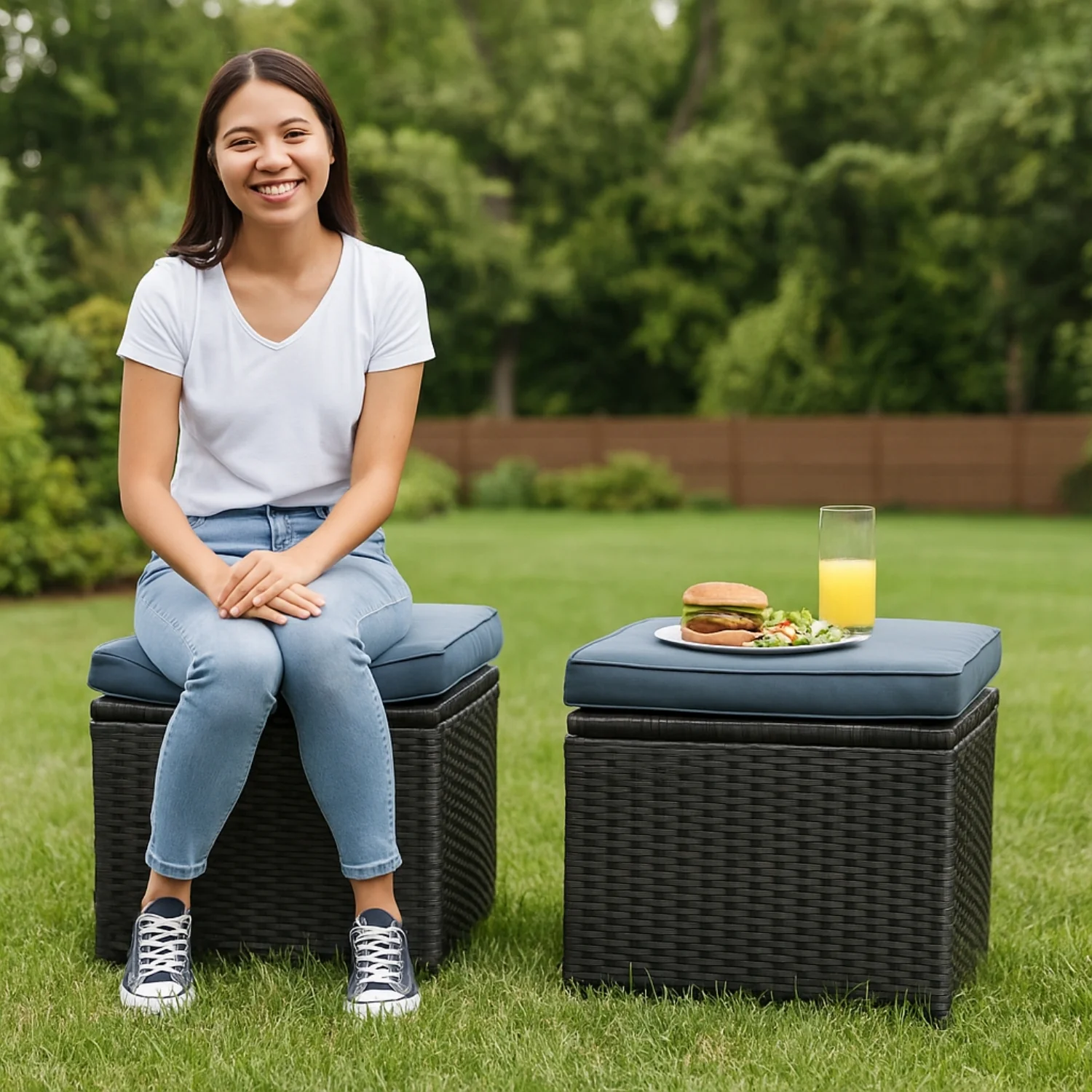 5-Piece Wicker Patio Conversation Set (Dark Brown/ Cyan Blue) - Image 13