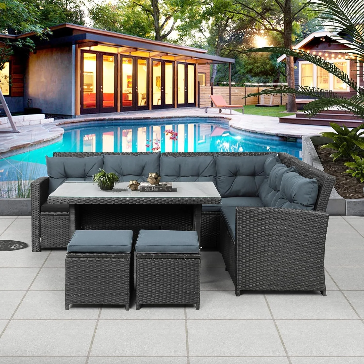 5-Piece Wicker Patio Conversation Set (Dark Brown/ Cyan Blue) - Image 15