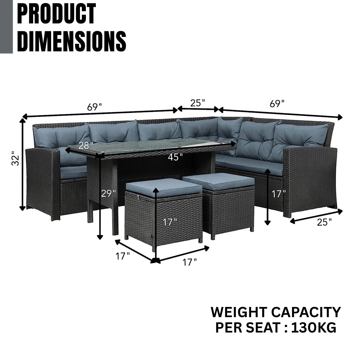 5-Piece Wicker Patio Conversation Set (Dark Brown/ Cyan Blue) - Image 2