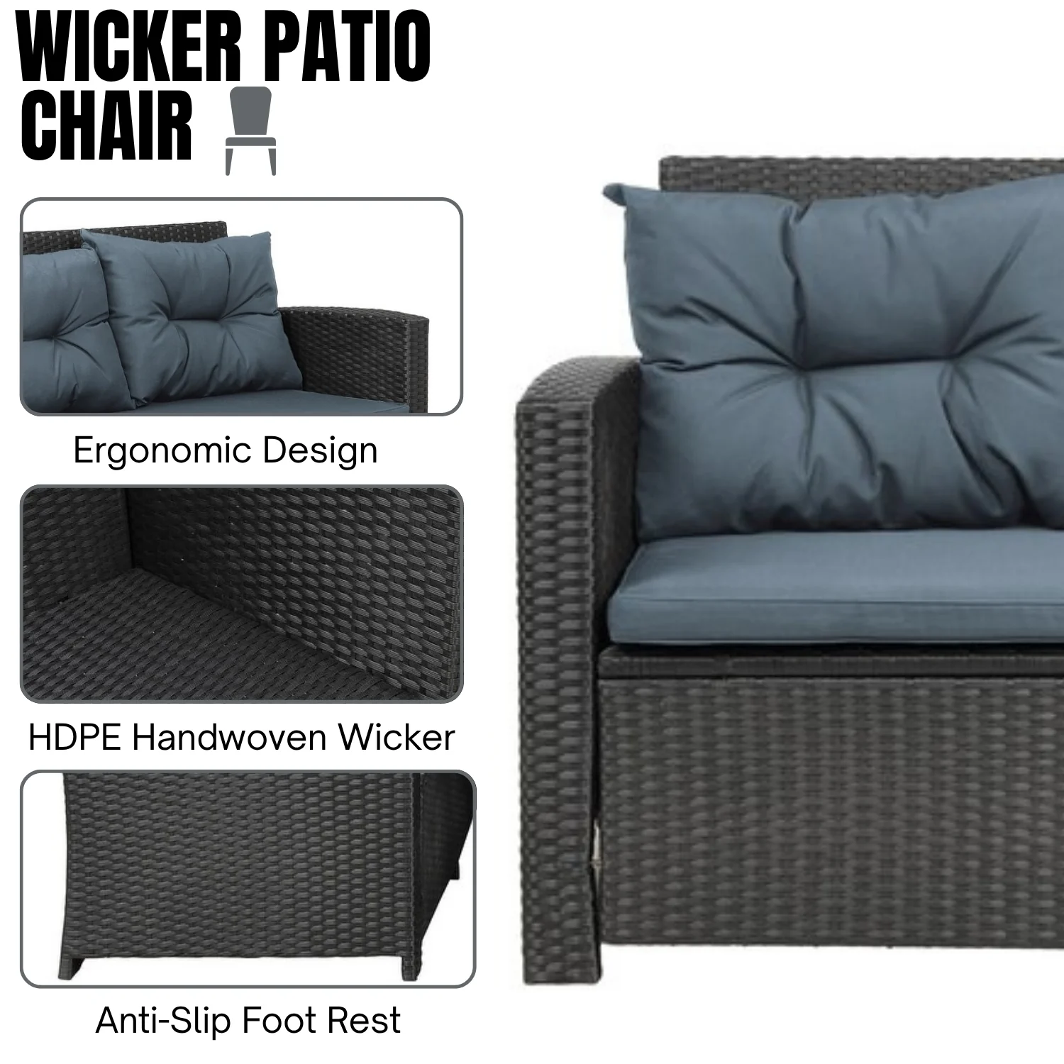 5-Piece Wicker Patio Conversation Set (Dark Brown/ Cyan Blue) - Image 5