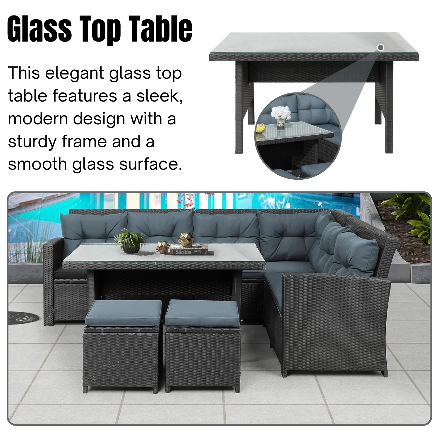 5-Piece Wicker Patio Conversation Set (Dark Brown/ Cyan Blue) - Image 7