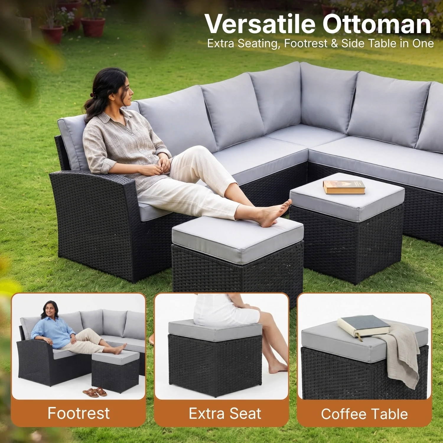 6-Piece All-Weather Wicker Patio Furniture Set (Black/Grey) - Image 6