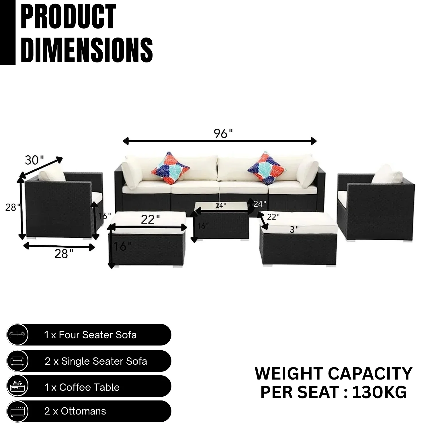 6-Piece Outdoor Conversation Set (Black & Off-White) - Image 3