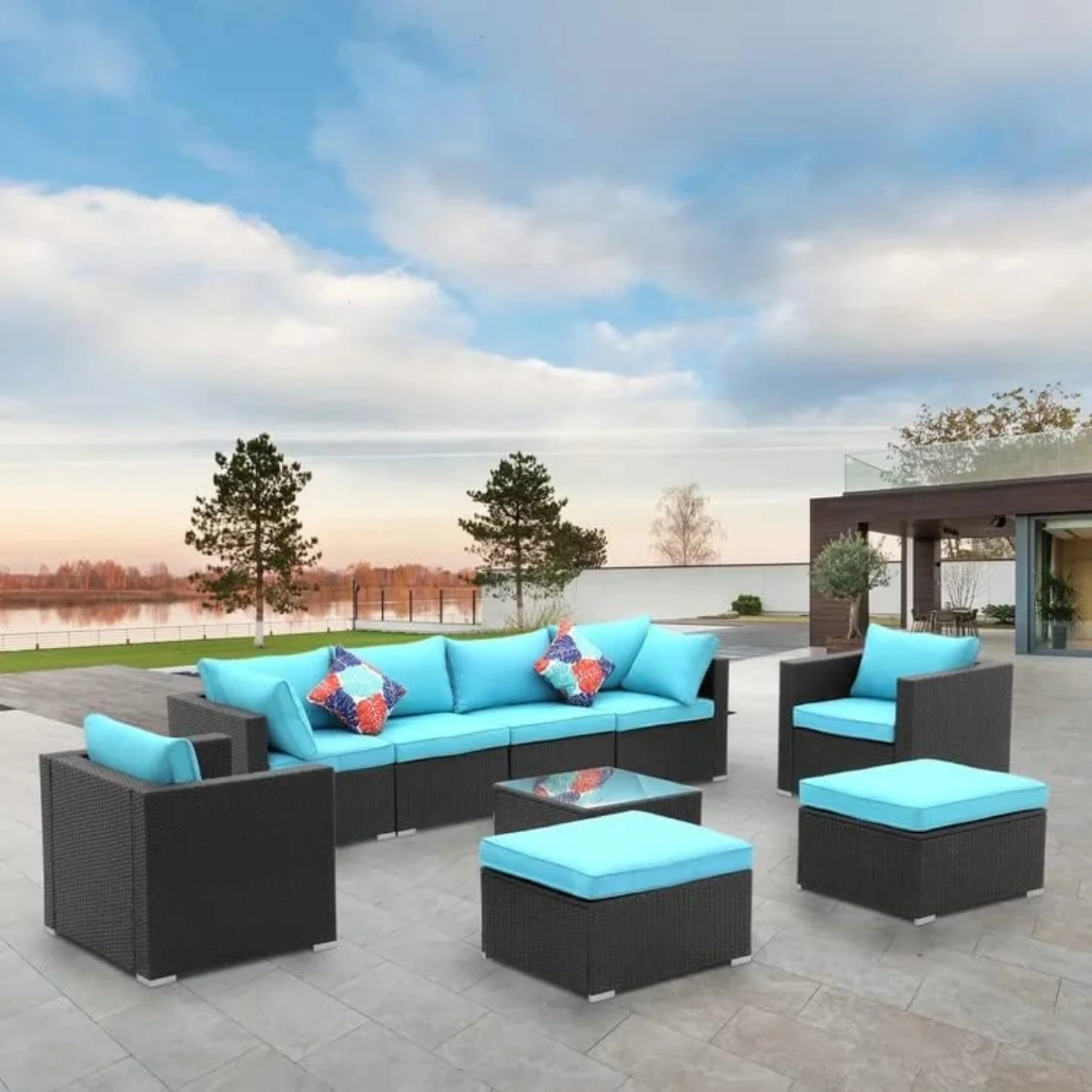 6-Piece Outdoor Conversation Set (Black & Sky-Blue)
