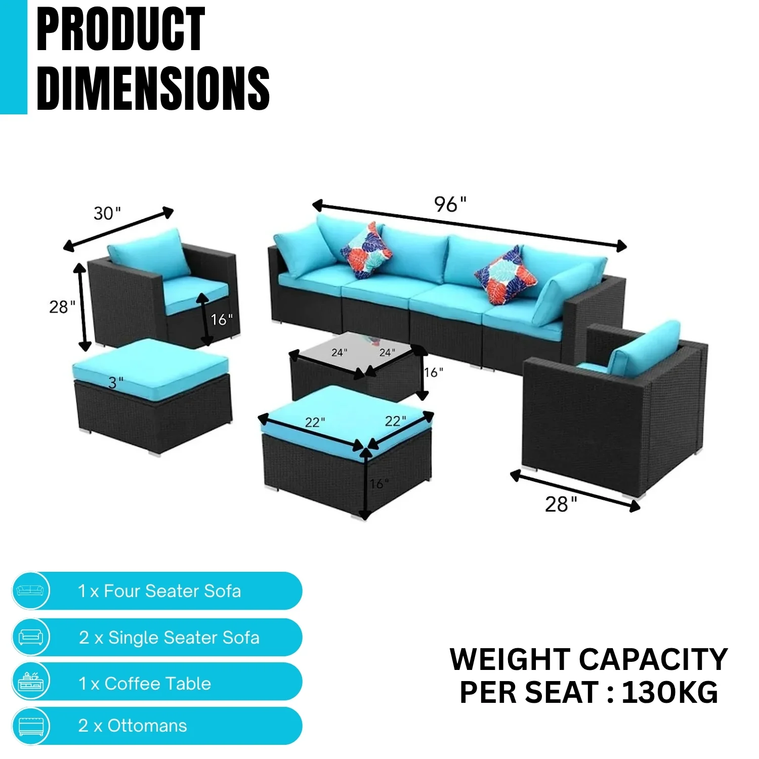 6-Piece Outdoor Conversation Set (Black & Sky-Blue) - Image 3