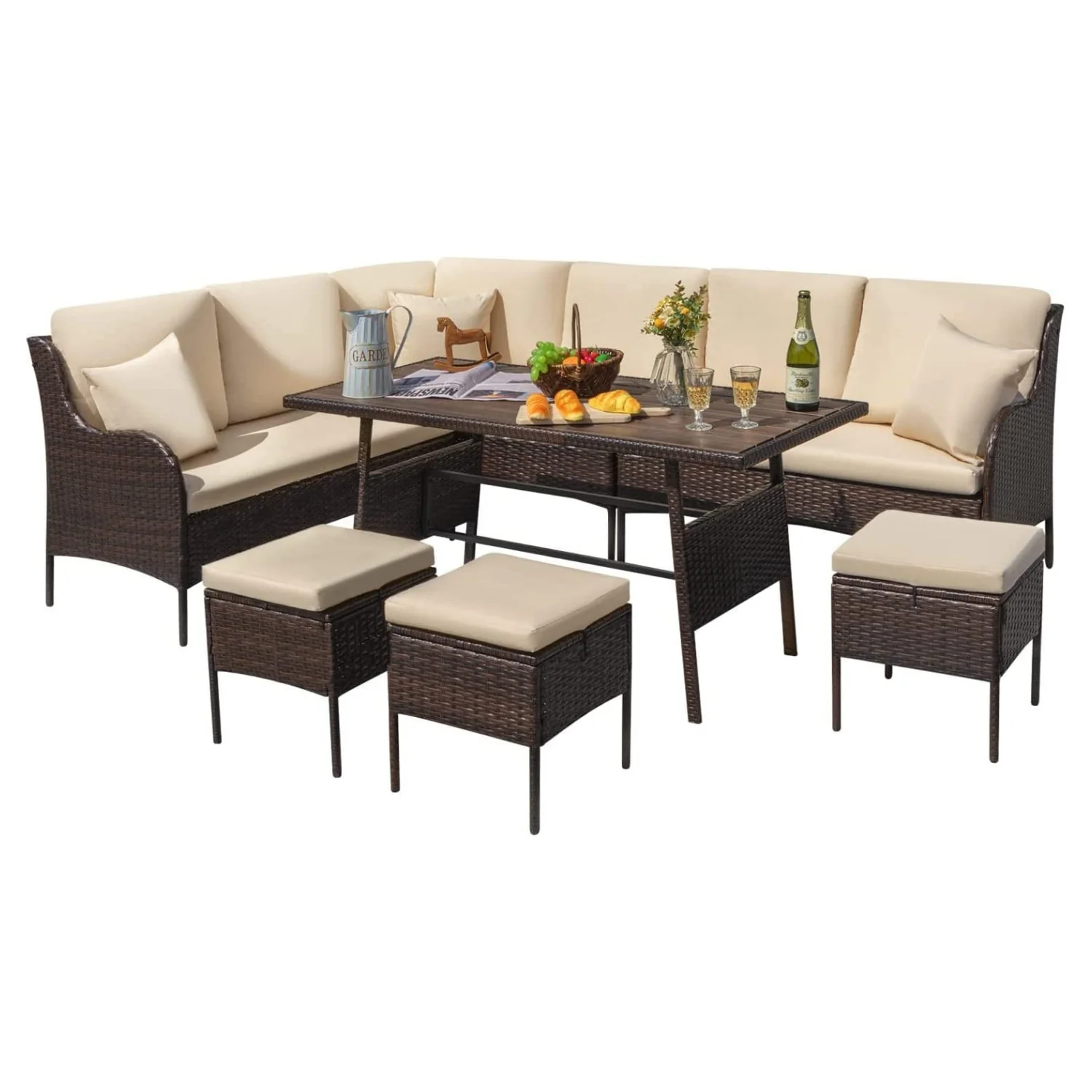 6 Piece Outdoor Patio Furniture Set (Dark Brown & Cream) - Image 11