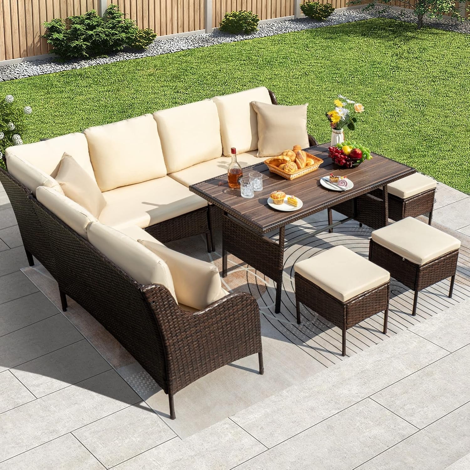 6 Piece Outdoor Patio Furniture Set (Dark Brown & Cream) - Image 3