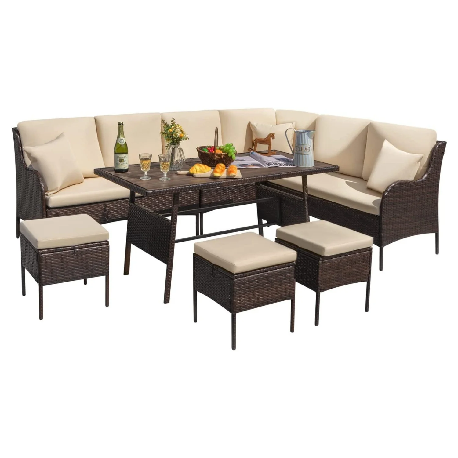 6 Piece Outdoor Patio Furniture Set (Dark Brown & Cream) - Image 4