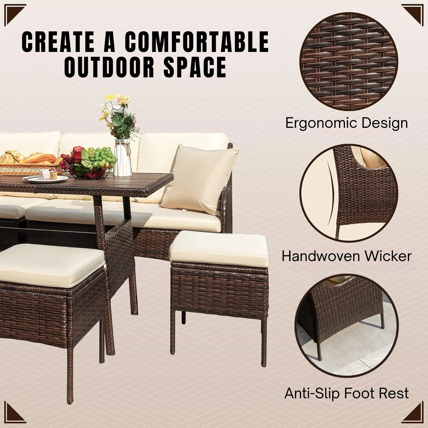 6 Piece Outdoor Patio Furniture Set (Dark Brown & Cream) - Image 5
