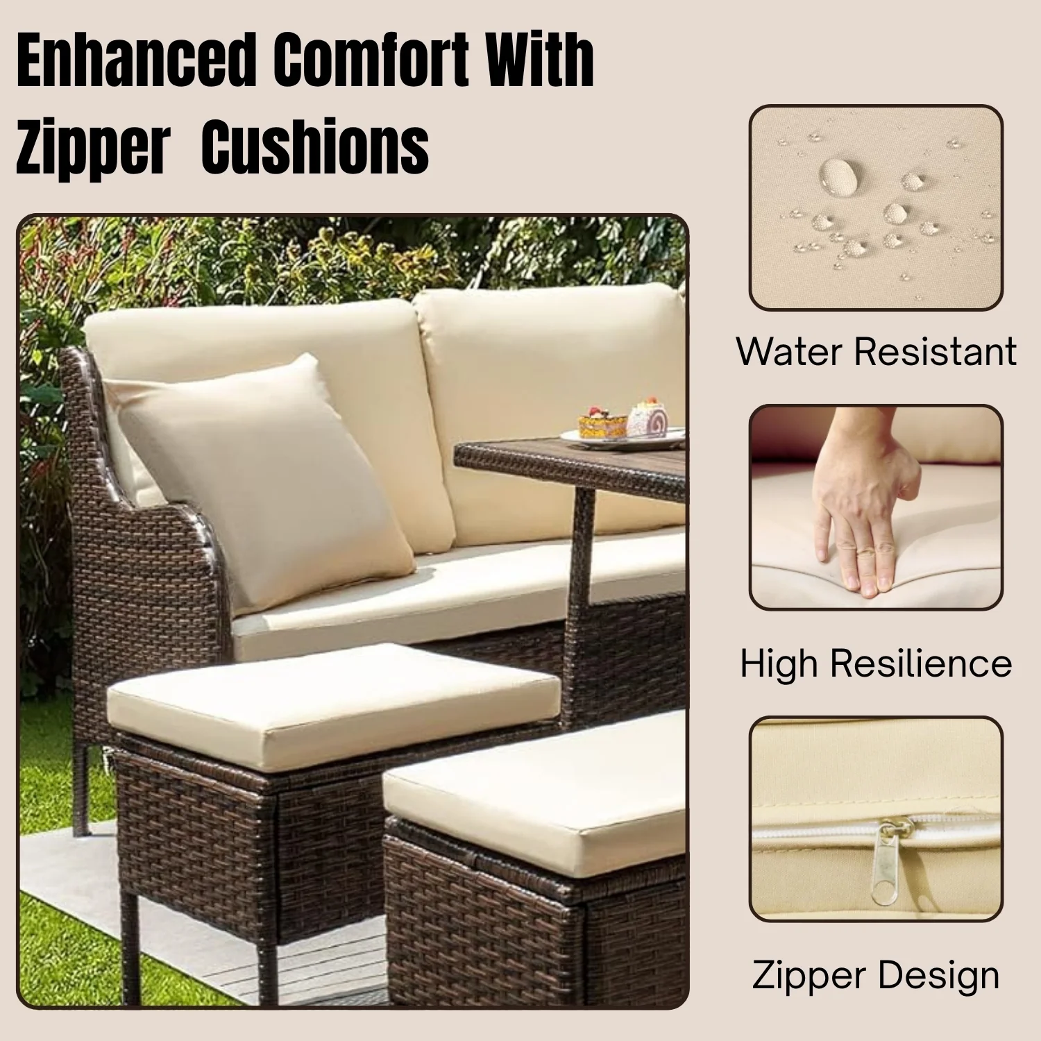 6 Piece Outdoor Patio Furniture Set (Dark Brown & Cream) - Image 6