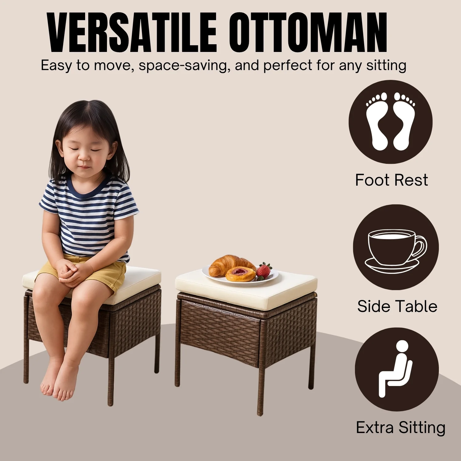 6 Piece Outdoor Patio Furniture Set (Dark Brown & Cream) - Image 8