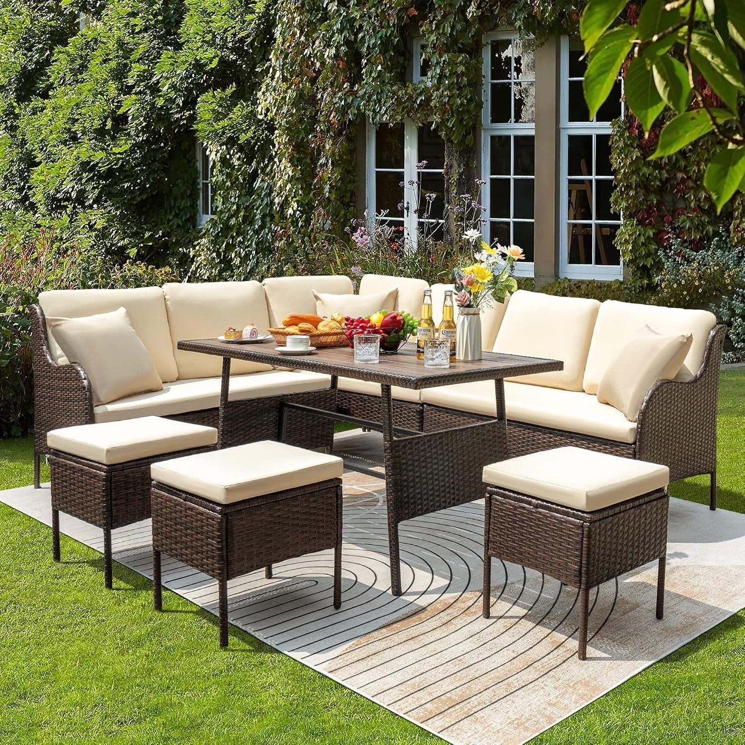 6 Piece Outdoor Patio Furniture Set (Dark Brown & Cream) - Image 9