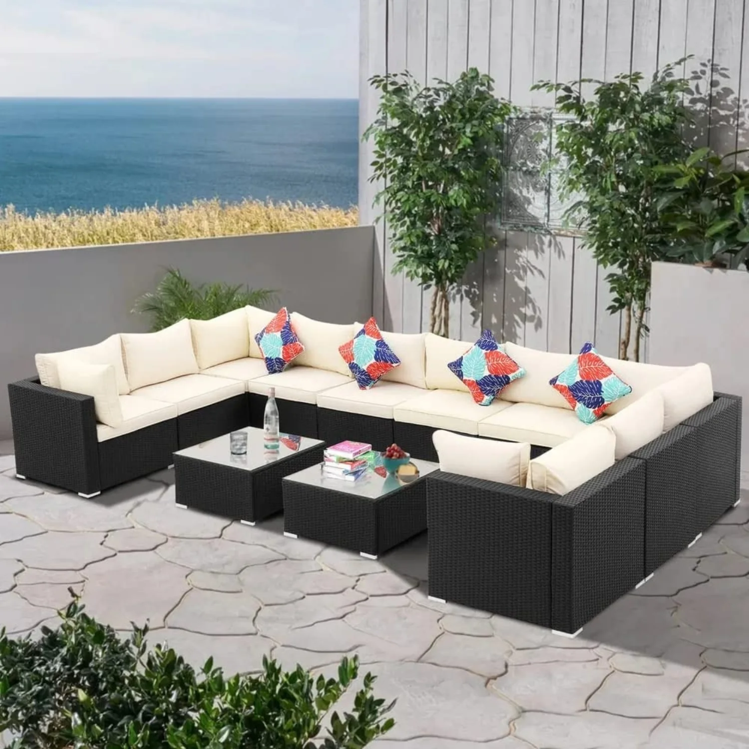 6-Piece Outdoor Wicker Sofa Set (Black/Off-White)