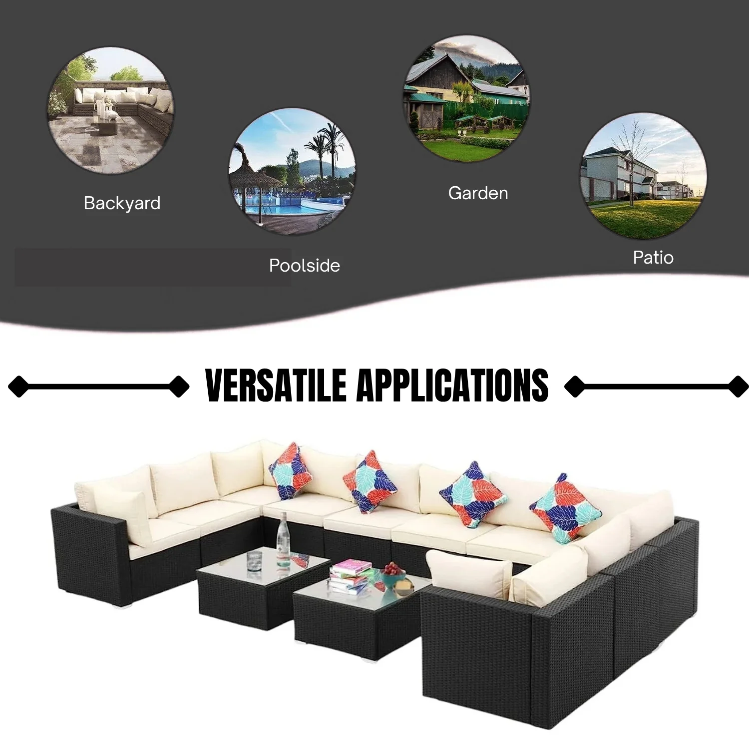6-Piece Outdoor Wicker Sofa Set (Black/Off-White) - Image 10