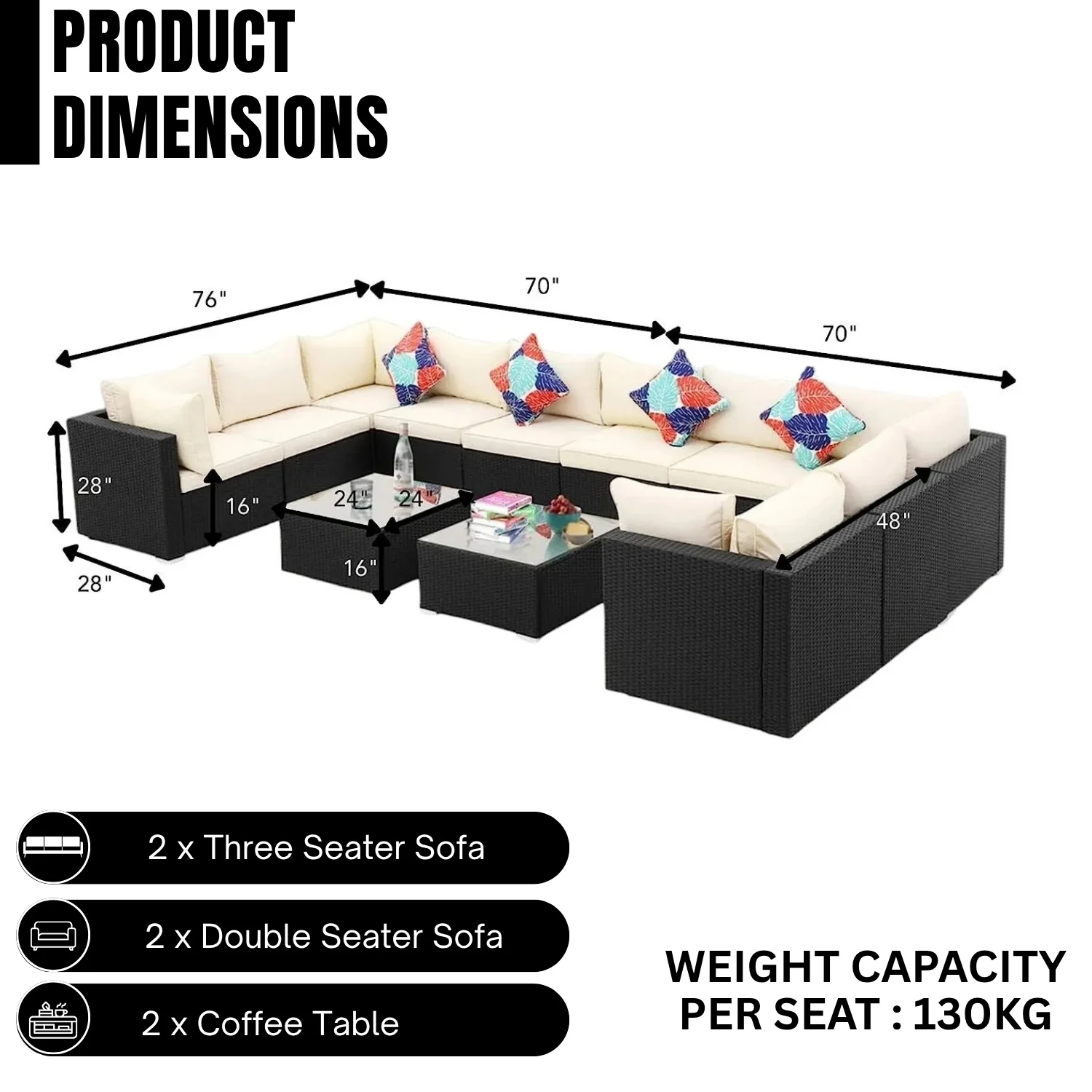 6-Piece Outdoor Wicker Sofa Set (Black/Off-White) - Image 2