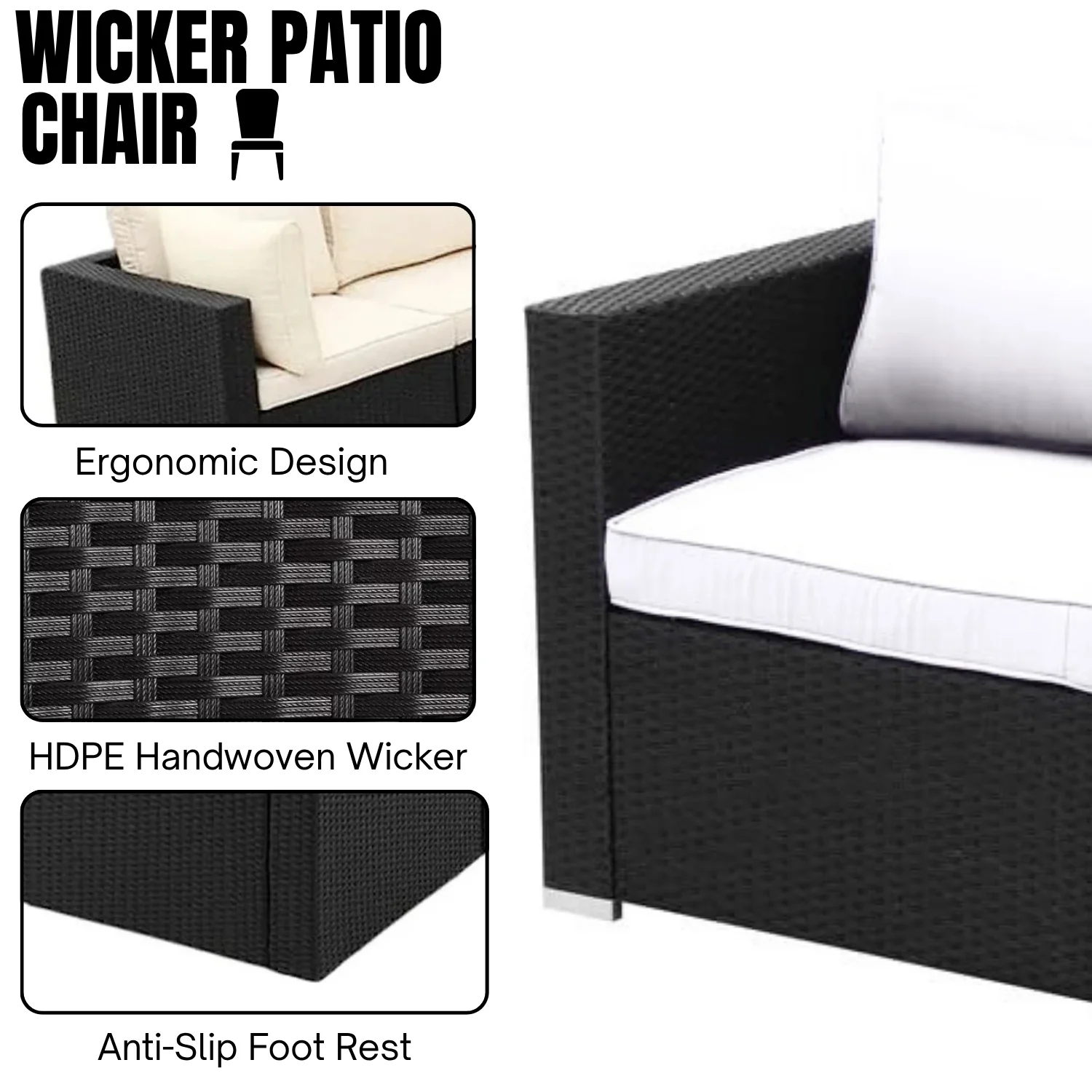 6-Piece Outdoor Wicker Sofa Set (Black/Off-White) - Image 4